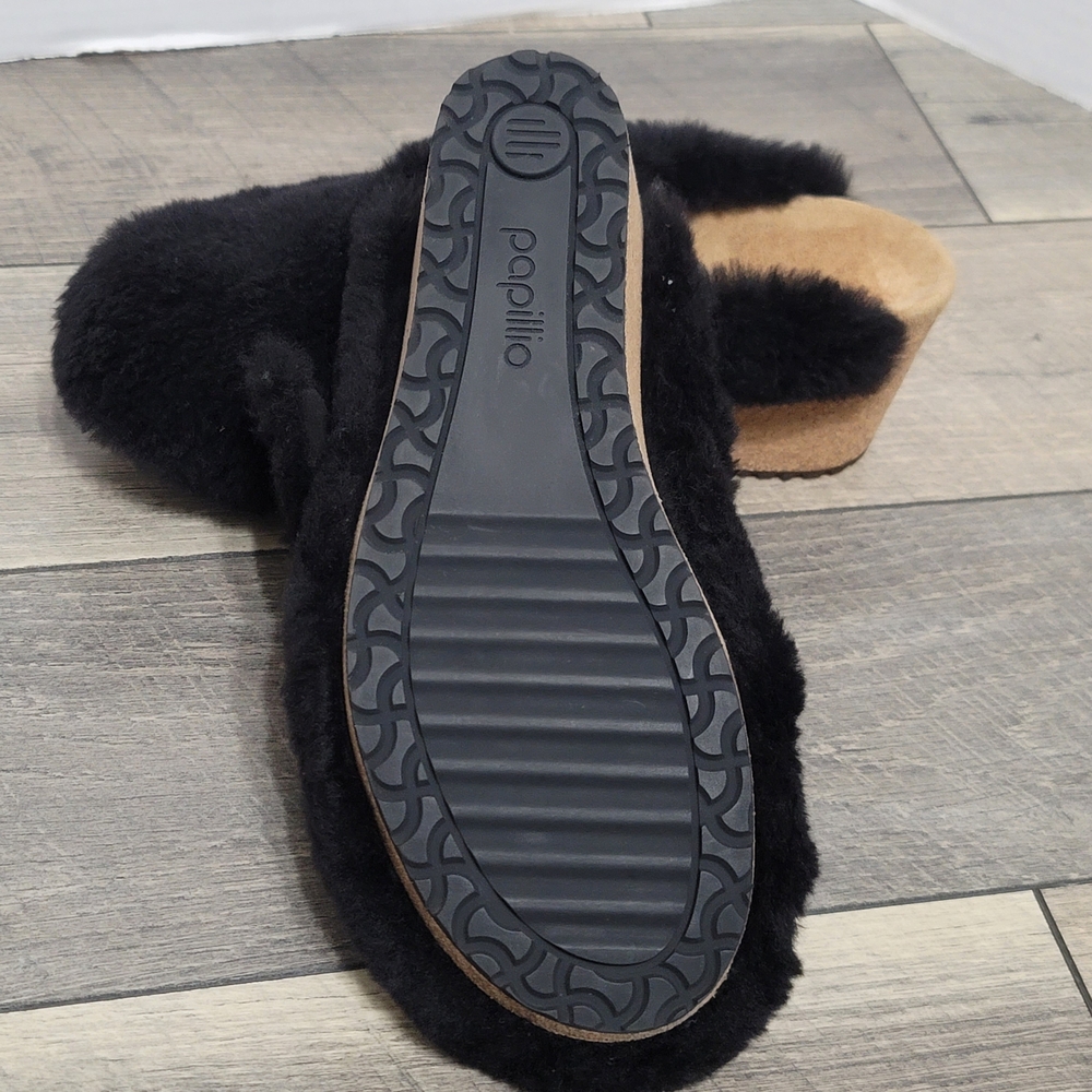 Papillio Birkenstock Fanny Teddy Wedge Mule Black Shearling Sherpa Sz 40/US Sz 9 - Picture 6 of 12